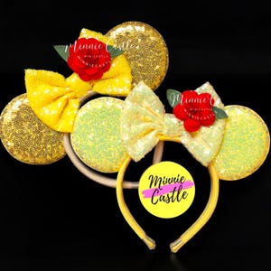 Belle Mickey Ears Princess Minnie Ears, Minnie Ears, Beauty and The Beast Ears, Yellow and Gold Minnie Ears with Rose, Mouse Ears Headband