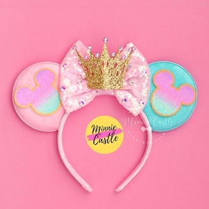 Princess Crown Ears, Mickey Ears, Minnie Ears, Mouse Ears Headband, Pastel Rainbow Minnie Ears, Gold Crown Mickey Ears for Kids and Adults