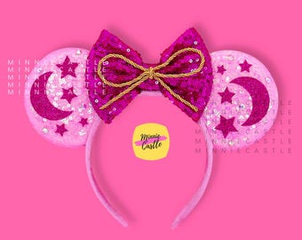 Pink Sorcerer Mouse Ears | Fantasy Headband| Moon Star Sequin Bow Gold Rope Trim| Kids Adults Celestial Park Vacation Gift Ideas
