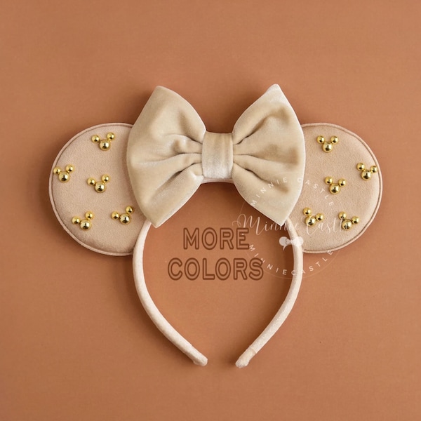 Beige Gold Pearl Mouse Ears | Velvet Bow Headband | Custom Color Available | Kids Adults Gift