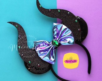 Glitter Black Horns Rhinestone Villain Mouse Ears | Metallic Purple Bow Halloween Headband | Costume Theme Park Accessory
