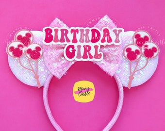 Pink Birthday Mouse Ears with Balloons, Mickey ears for Birthday Girls, Minnie Ears for All Ages, Kids & Adults, Mouse Ears Headband