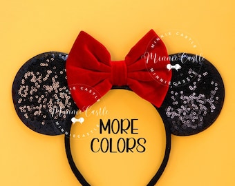 Mouse Ears Black Sequin Red Velvet Bow Headband  Mickey Minnie Classic