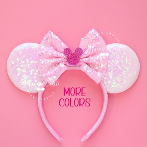 Mouse Ears White Pink Sequin Headband Mickey Minnie Ears with Charm