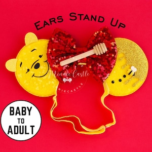 Honey Pooh Bear Ears, Adult Mickey Ears, Mickey Ears, Women Mouse Ears, Minnie Ears, Mouse Ears with Elastic Headband, Mickey Ears