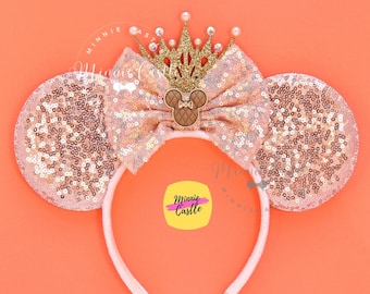 Rose Gold Minnie Mickey Crown Mouse Ears, Rose Gold Mouse Ears Mickey Ears, Glitter Crown Mouse Ears Headband, Princess Theme Birthday Ears