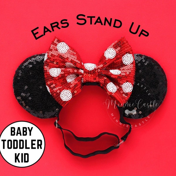 Oreilles de Mickey, oreilles de Minnie, oreilles de bébé tout-petits Minnie, oreilles de souris arc rouge, oreilles de Minnie avec bandeau élastique, oreilles à pois blancs rouges