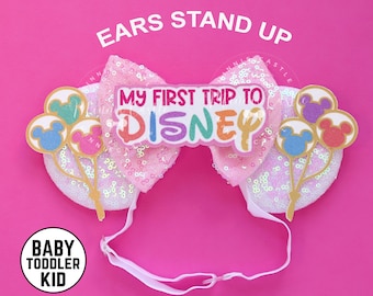 My First Trip Mouse Ears | Theme Park Ears Elastic Headband | Baby Toddler Kid and Adult Mouse Ears