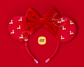 Red Gold Mouse Pearl Ears Headband | Velvet Theme Park Accessory