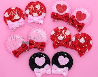 Orejas de Mickey para el Día de San Valentín, pinzas para el cabello con orejas de Minnie, pinza para el cabello con orejas de Mickey, orejas de Mickey para San Valentín, pinzas para el cabello con orejas de ratón para niños