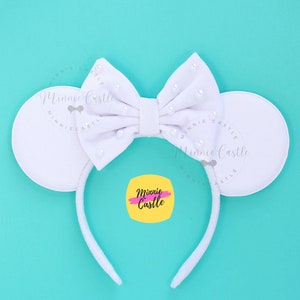 White Mouse Ears with Pearls, Mickey Ears, Bride Minnie Ears for Gift, Velvet Bow Headband for Kids and Adults, Custom Color Mickey Ears