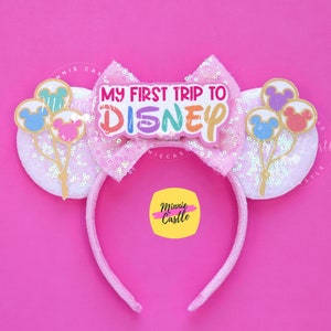 My First Trip Mickey Ears, Minnie Ears, Pastel tone Minnie Ears with Colorful Balloons, Mouse Ears Headband for Kids, Adults and Babies