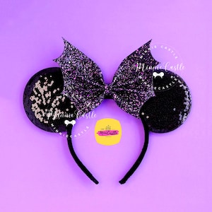 Black Purple Bat Wing Bow Goth Mouse Ears | Halloween Gothic Glitter Headband | Spooky Theme Park Accessory | Costume for Women & Girls