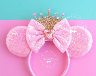 Pink Mickey Ears with Gold Crown, Mickey Ears, Minnie Ears, Princess Ears, Pink and Gold Mouse Ears Headband, Birthday Ears, Mickey Ears