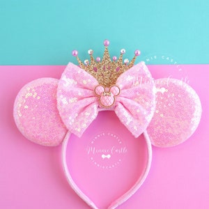 Pink Mickey Ears with Gold Crown, Mickey Ears, Minnie Ears, Princess Ears, Pink and Gold Mouse Ears Headband, Birthday Ears, Mickey Ears