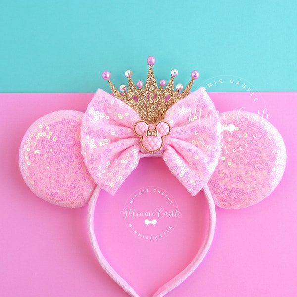 Oreilles de Mickey roses avec couronne en or, oreilles de Mickey, oreilles de Minnie, oreilles de princesse, bandeau oreilles de souris rose et or, oreilles d'anniversaire, oreilles de Mickey