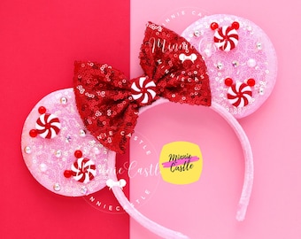 Christmas Peppermint Mouse Ears | Pink Red Headband Sequin Bow Swirl | Kids Adults Winter Holiday Park Vacation Gift Ideas