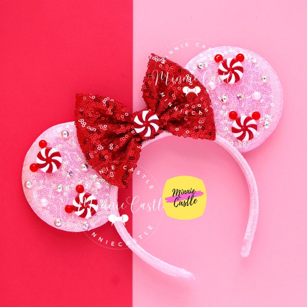 Christmas Ears, Peppermint Mickey Ear, Pink and Red Minnie Ears Headband, Holiday Gift For Kids and Adults, Peppermint Candy Swirl Ears