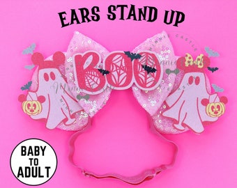 Orejas de ratón fantasma rosa, orejas de Mickey, orejas de Minnie de Halloween, diadema elástica, orejas de ratón Boo naranja y negro para bebés, niños y adultos.
