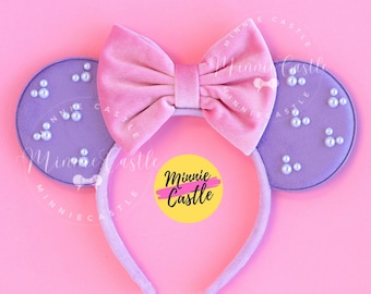 Orejas de Mickey con perlas, orejas de Minnie, orejas de ratón rosas y lavanda, orejas de lazo de terciopelo rosa violeta claro con perlas blancas de Mickey, diadema con orejas de ratón