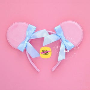 Mouse Ears Pink with Sky Blue Satin Long Tail Bow, Mickey Ears, Light Blue Minnie Ears, Double Bow Suede Headband Gift for Kids and Adults