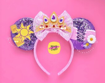 Rapunz Princess Mouse Ears, Mickey Ears, Minnie Ears with Crown, Mouse Ears with Sun with Flower Dress Characters Headband for Kids Adults