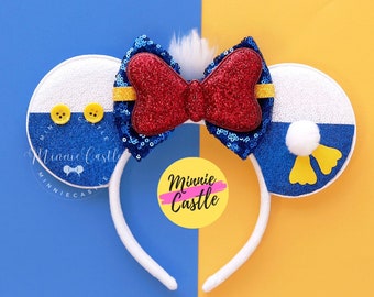 White Duck Sailor Mouse Ears Headband | Duck Feet Pompom Tail | Red Blue Sequin Bow Costume Accessories