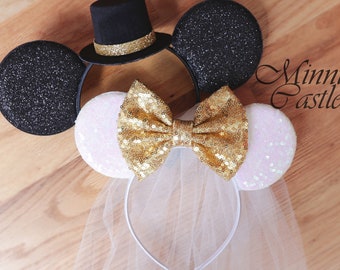 Bride & Groom ears, Bride ears, Bride Minnie mouse ears, White Bride Minnie ears Headband, honeymoon ears, bride gift ideas, engagement ears