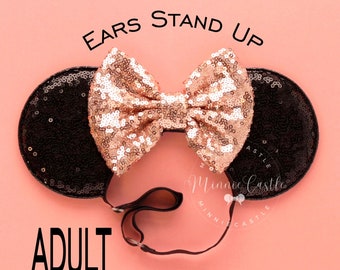 Minnie Ears, Rose gold Mickey Ears, Adult Mickey Ears, Women Mouse Ears, Minnie Ears Elastic band, Mickey Ears, Comfortable No Headache Ears