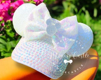 White Rhinestone Visor, Glitter Mouse Ears Visor, Mickey Ears, Sun Cap for Bride, Iridescent Sparkle Minnie Ears,  Bachelorette Trip Gift