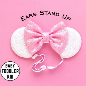Mickey Ears, Baby Toddlers Mickey Ears, Minnie Ears Elastic Band, Pink and White ears, Mouse Ears with Elastic Headband