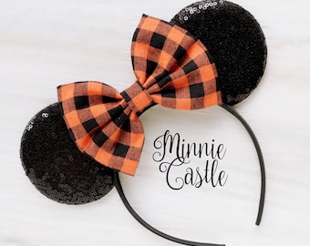 Black and Orange plaid bow Halloween Minnie ears, Halloween Ears, Halloween Mickey Ears, Halloween Mickey Ears, Halloween theme Pumpkin