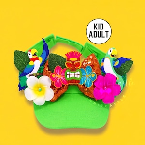 May include: Green visor hat with a tiki face, tropical flowers, and two parrots. The hat says "Kid Adult" on the side.