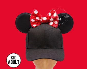 Cappello orecchie di Topolino, berretto da baseball orecchie di Topolino, cappello orecchie di Minnie con fiocco, cappello orecchie di topo a pois rossi e bianchi per adulti e bambini, orecchio di Minnie