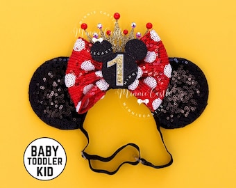 First Birthday Mickey Ear, Custom Age Minnie Ear, Toddler & Kid Mouse Ear, Adjustable Elastic Headband, 2nd Birthday Gift, Baby Minnie Ears
