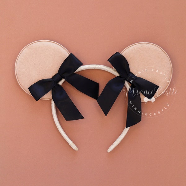 Beige Mouse Ears | Coquette Double Black Satin Bow Headband | Custom Colors |Theme Park Accessories