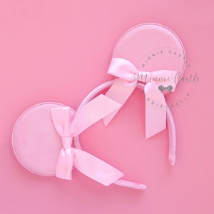Mouse Ears Pink Satin Bow with Long Tail Ribbon, Minnie Ears Headband, Pink Mickey Ears, Non-Glitter Mouse Ears for Kids & Adults