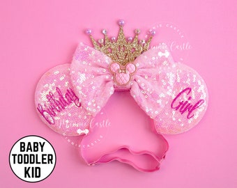 Birthday Mickey Ears, Birthday Ears, Mickey Ears with Crown, Baby Toddlers Minnie Ears, Pink Mouse Ears, Mouse ears Elastic Headband