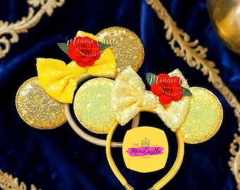 Enchanted Rose Mouse Ears | Gold Princess Headband with Large Rose | Theme Park Accessories