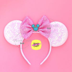 Pink White Color Mouse Ears, Mickey Ears with Minnie Ears charm Headband with Bow for Kids & Adults, Birthday Gift for Friend and Family