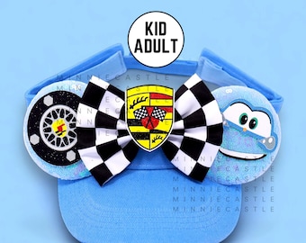 Blue Race Car Mouse Ears Sun Visor | Checkered Bow | Running Costume Accessory for Kids Adults