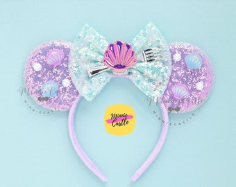 Mermaid Mouse Ears with Fork | Seashell Pearl Lavender Sequin Aqua Bow | Magic Theme Park Accessories