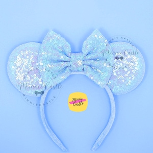 Baby Blue Mouse Ears, Mickey Ears, Sequin Minnie Ears, Iridescent Light Blue Headband for Girls, Adults and Kids, Birthday Princess Ear Gift