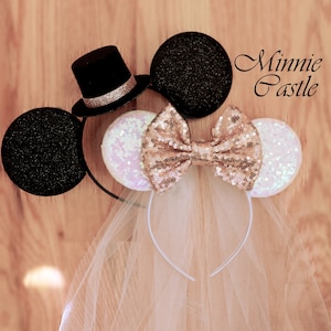 Bride and Groom Mouse Ears | Rose Gold Bow Minnie and Mickey Wedding Headband with Veil – Honeymoon & Bridal Shower Couple Gift Idea