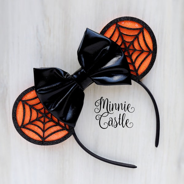Halloween Minnie ears, Black and Orange Halloween Mickey Ears, Halloween Ears, Spiderweb Halloween Mickey Ears, Pumpkin color ears