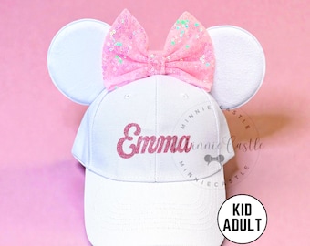 Benutzerdefinierte Minnie Ears Hat, Mickey Ohren, personalisierte Mausohren Baseballmütze mit Schleife für Mädchen Frauen