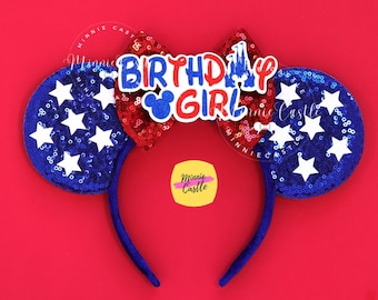 4th of July Birthday Ears, Mickey Ears, Birthday Minnie Ears, Patriotic Mouse Ears, Minnie Ears, Birthday Minnie Ears with Crown Headband