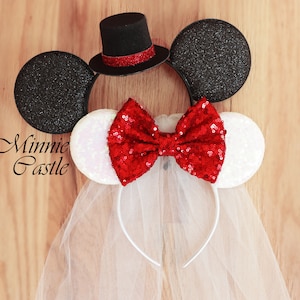 Bride and Groom Mouse Ears Set, Wedding Minnie & Mickey Headband with Veil and Top Hat – White Glitter Bride Ears, Red Bow, Couple Gift