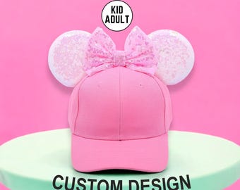 Pink Mouse Ears Hat with Sequin Ears, Mickey Ears Cap, Custom Minnie Bow Hat, Custom Color Baseball Cap Mickey Ears for Kids & Adults