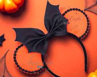 Spike Gothic Mouse Ears | Halloween Headband Bat Bow| Goth Orange and Black Costume Theme Park Accessory